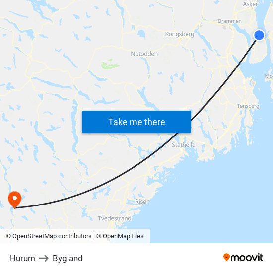 Hurum to Bygland map