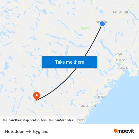 Notodden to Bygland map