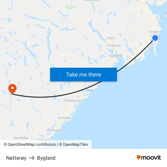 Nøtterøy to Bygland map