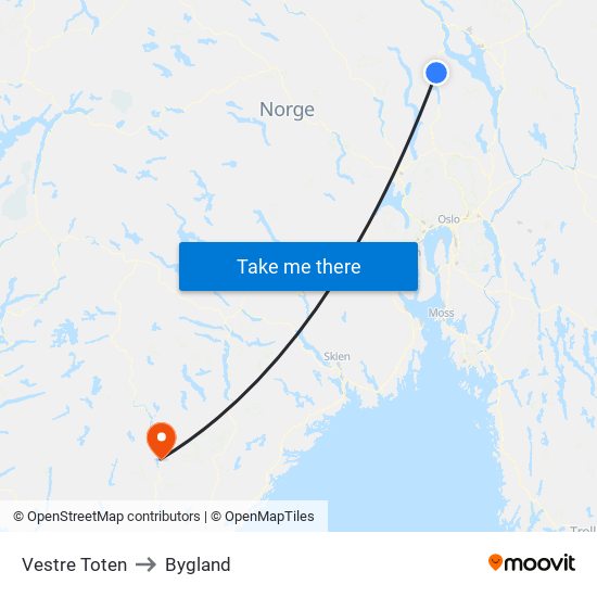 Vestre Toten to Bygland map