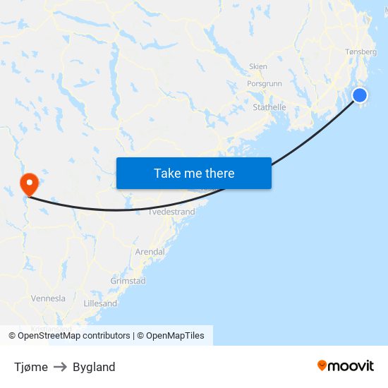 Tjøme to Bygland map