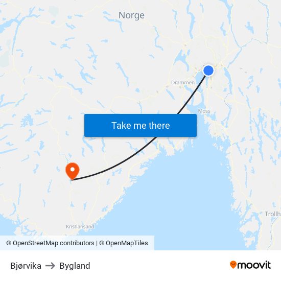 Bjørvika to Bygland map