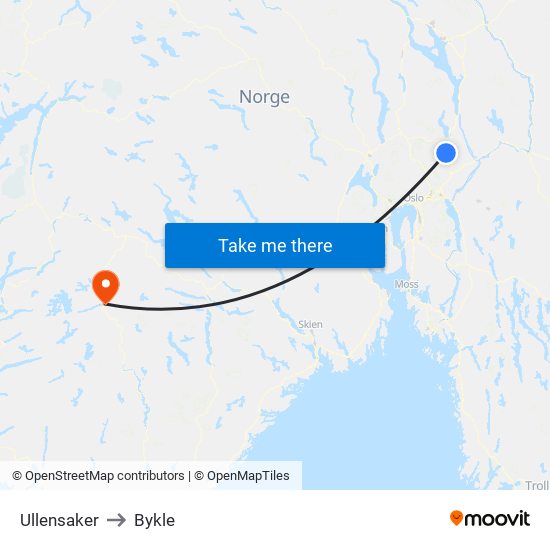 Ullensaker to Bykle map