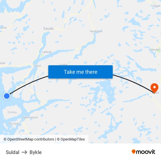 Suldal to Bykle map