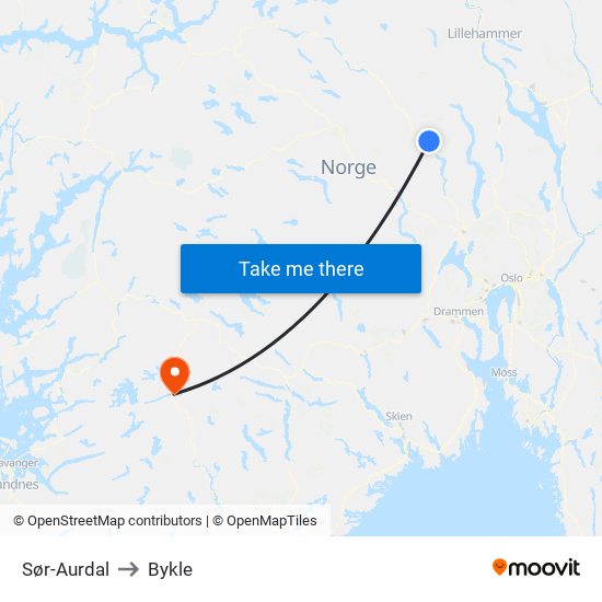 Sør-Aurdal to Bykle map