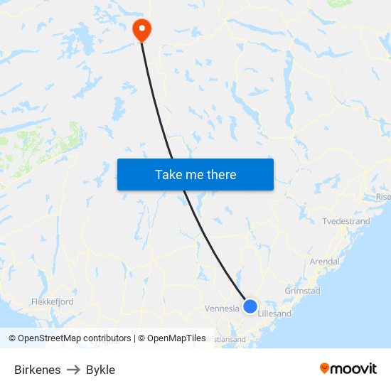 Birkenes to Bykle map