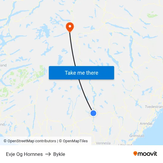 Evje Og Hornnes to Bykle map