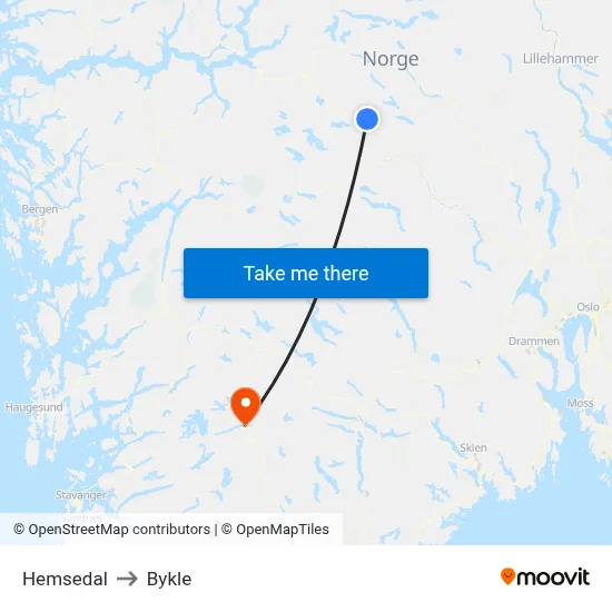 Hemsedal to Bykle map