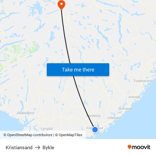 Kristiansand to Bykle map