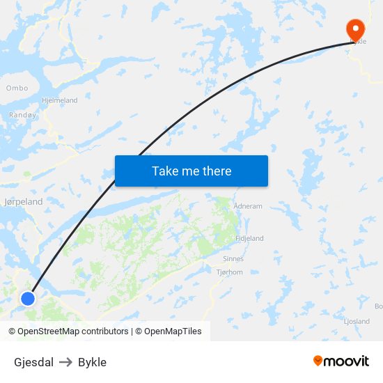 Gjesdal to Bykle map