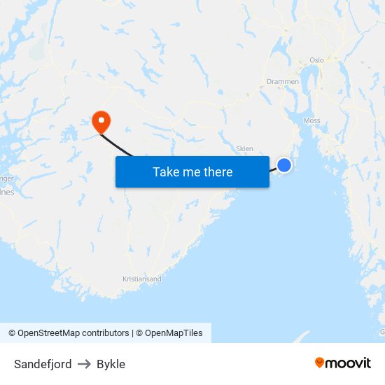 Sandefjord to Bykle map