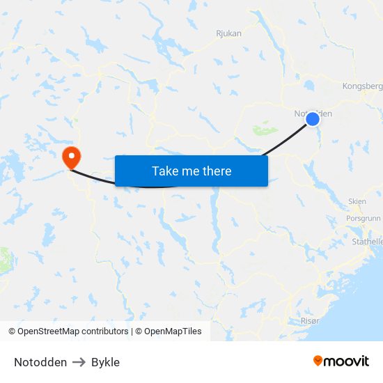 Notodden to Bykle map