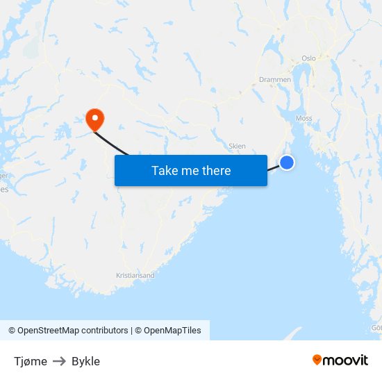 Tjøme to Bykle map