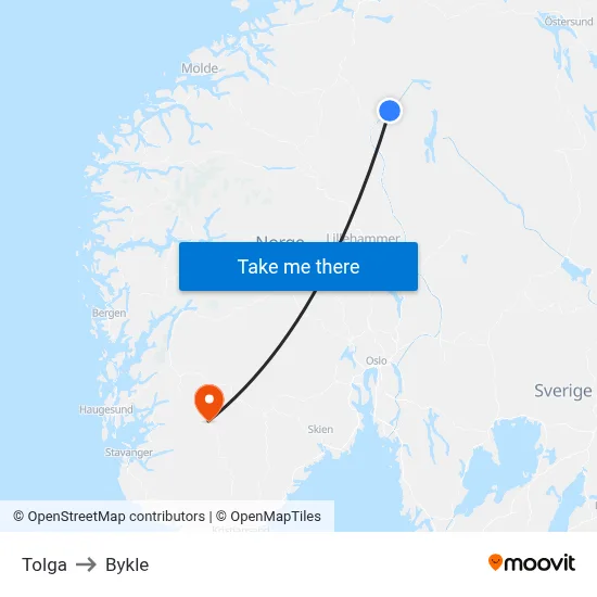Tolga to Bykle map