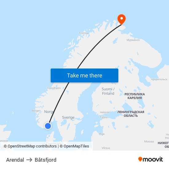 Arendal to Båtsfjord map