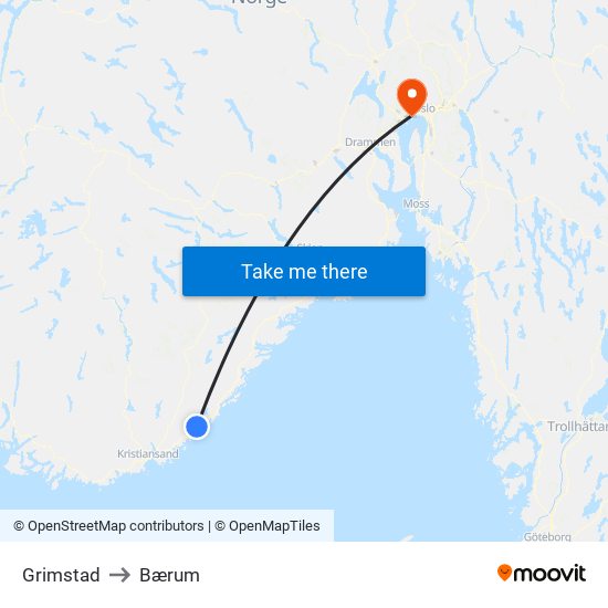 Grimstad to Bærum map