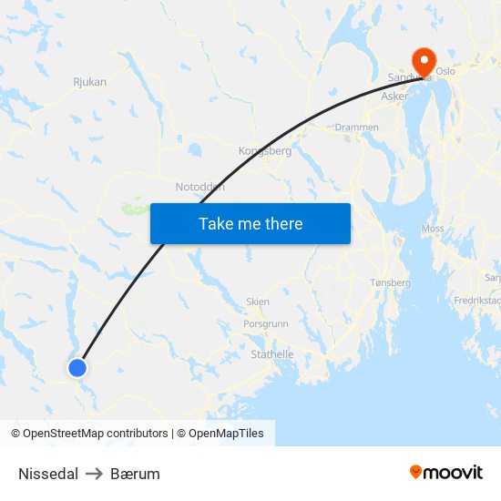 Nissedal to Bærum map