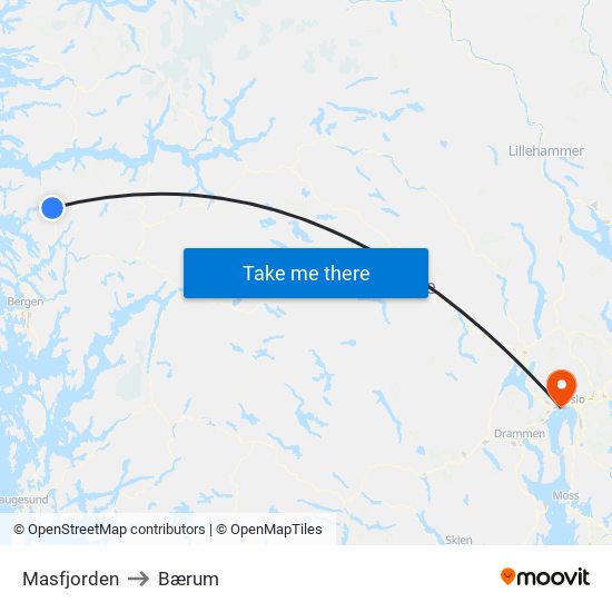 Masfjorden to Bærum map