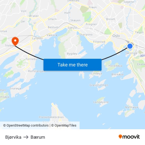 Bjørvika to Bærum map