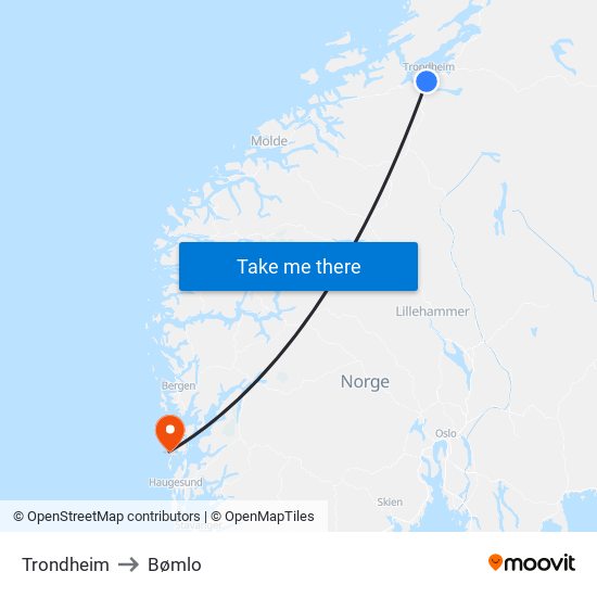 Trondheim to Bømlo map