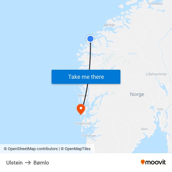 Ulstein to Bømlo map