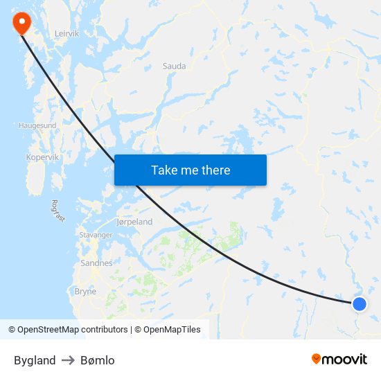 Bygland to Bømlo map