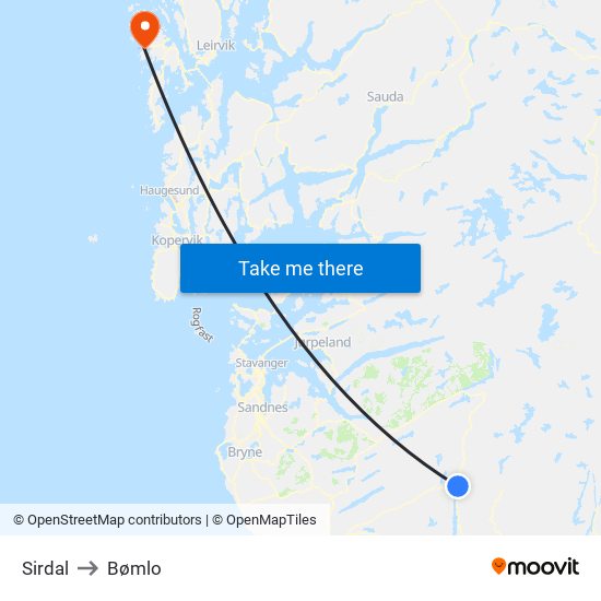 Sirdal to Bømlo map