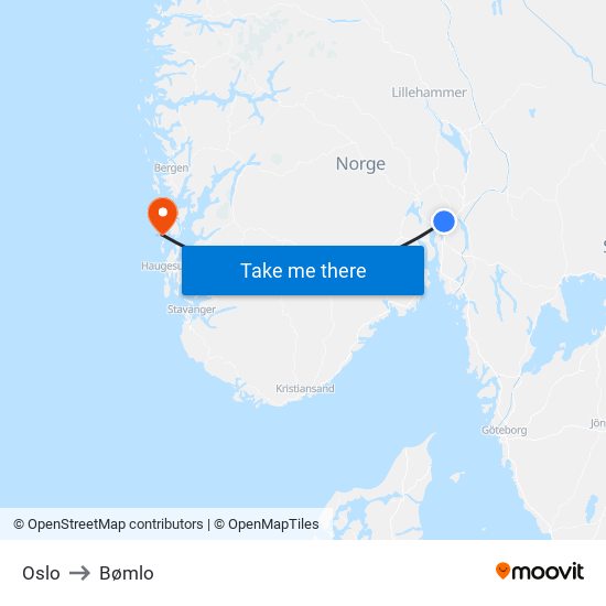 Oslo to Bømlo map