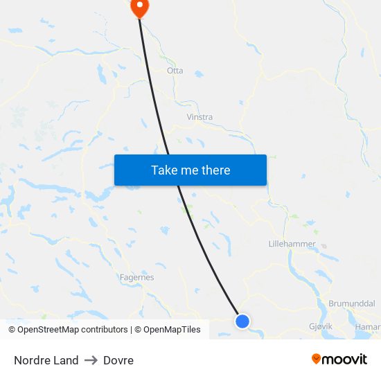 Nordre Land to Dovre map