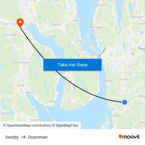 Vestby to Drammen map