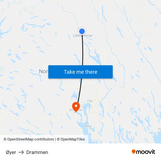 Øyer to Drammen map