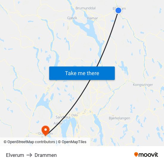 Elverum to Drammen map
