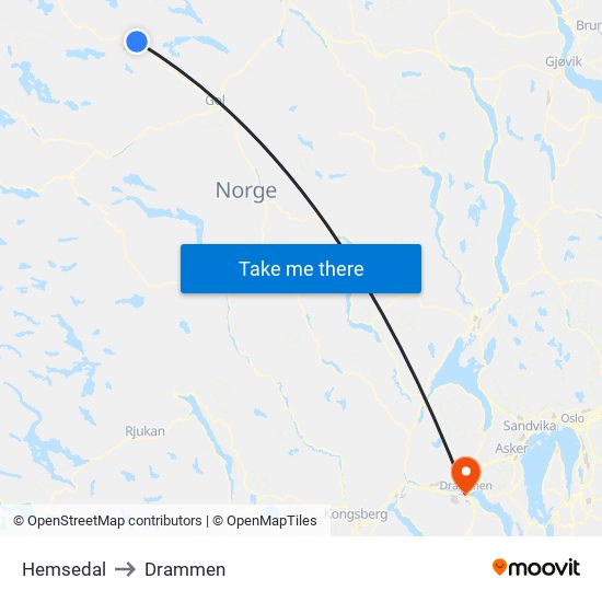 Hemsedal to Drammen map