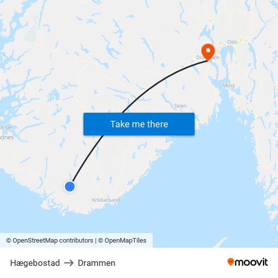 Hægebostad to Drammen map