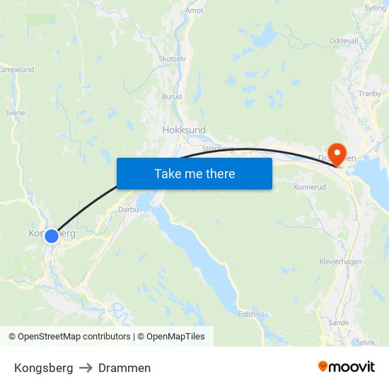 Kongsberg to Drammen map