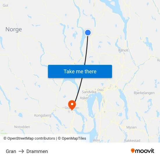 Gran to Drammen map