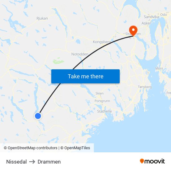 Nissedal to Drammen map