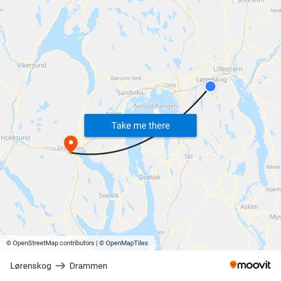 Lørenskog to Drammen map