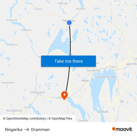 Ringerike to Drammen map