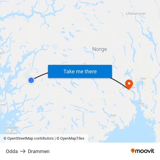 Odda to Drammen map