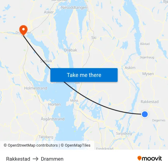 Rakkestad to Drammen map