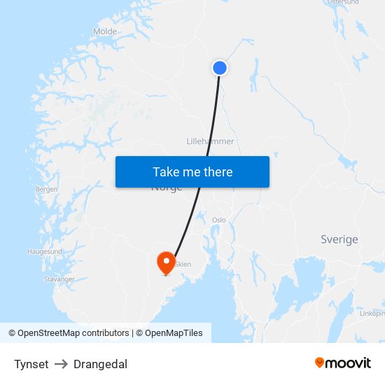 Tynset to Drangedal map