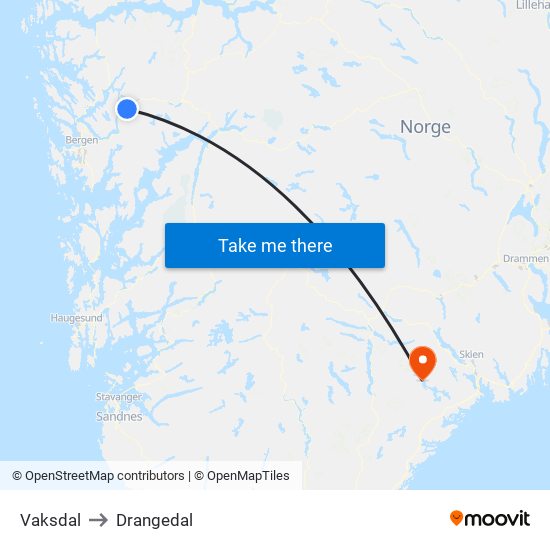 Vaksdal to Drangedal map