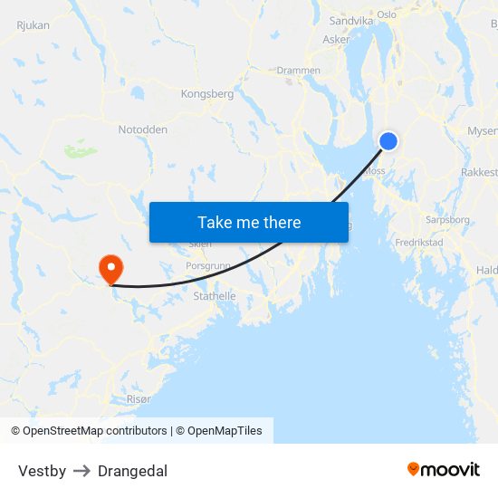 Vestby to Drangedal map