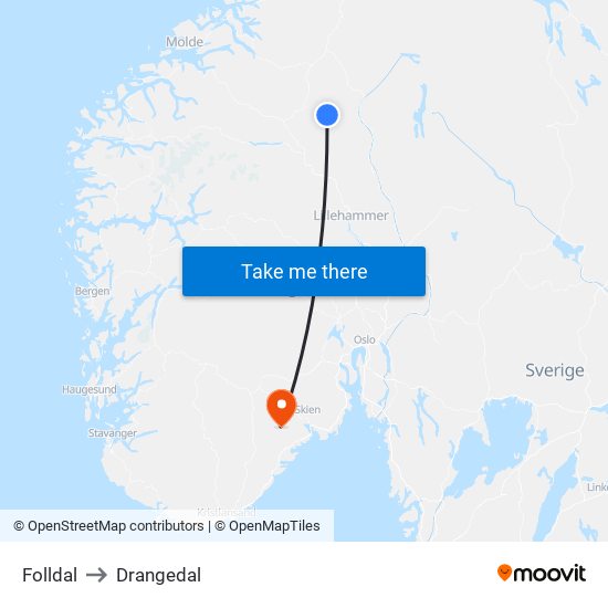 Folldal to Drangedal map