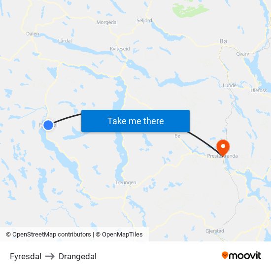 Fyresdal to Drangedal map