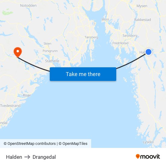 Halden to Drangedal map