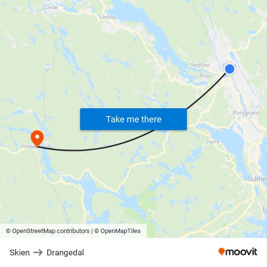 Skien to Drangedal map