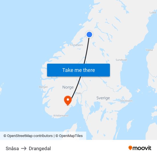 Snåsa to Drangedal map