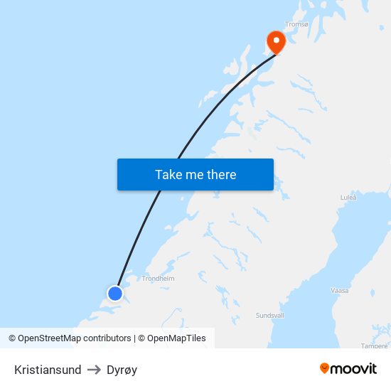 Kristiansund to Dyrøy map